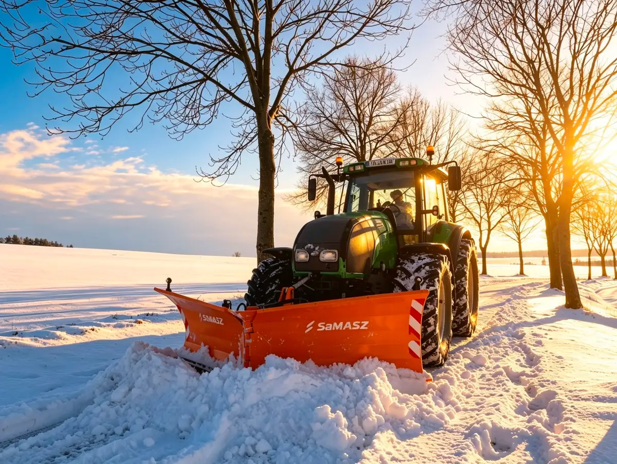 Traktor mit Schneepflug bei der Schneeräumung