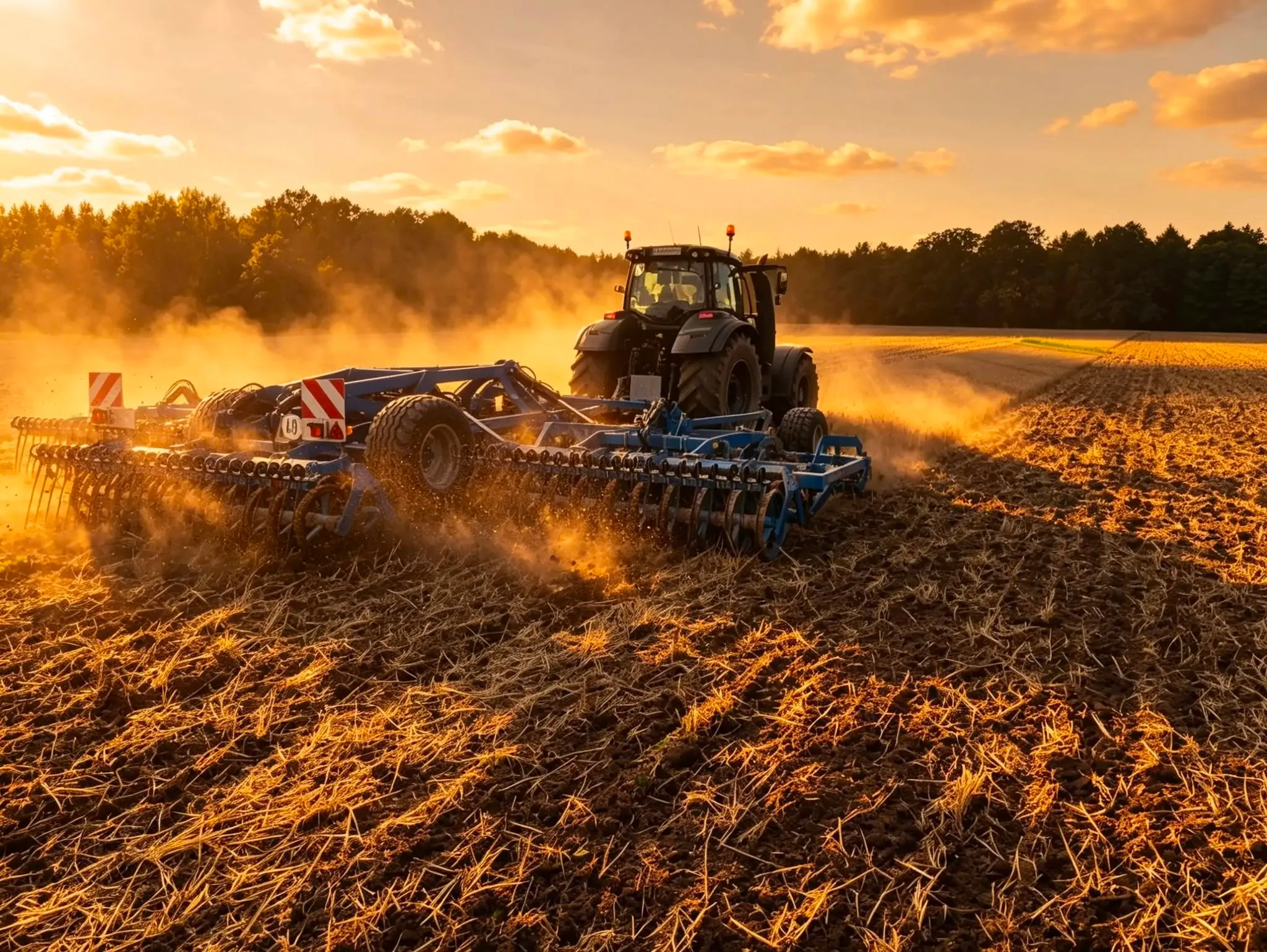 Traktor mit Grubber bei der Bodenbearbeitung im Abendlicht
